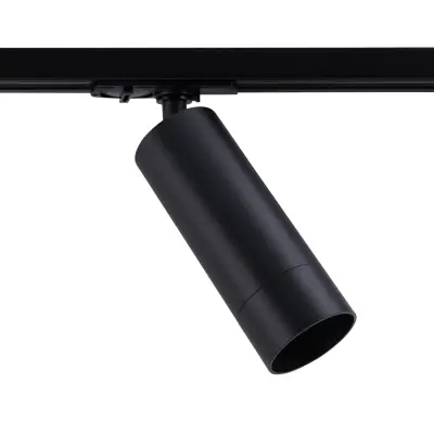 Black cylindrical track light fixture mounted on a dark rail, designed for adjustable directional lighting.