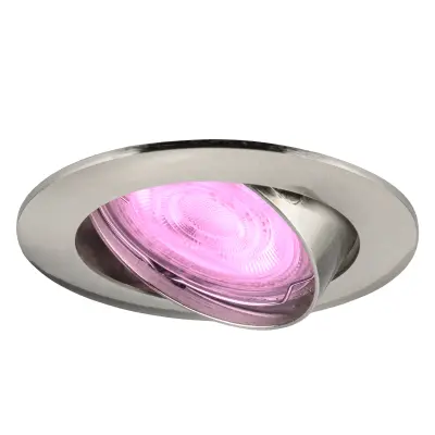 Recessed ceiling light with a brushed metal finish and a pink glowing bulb.